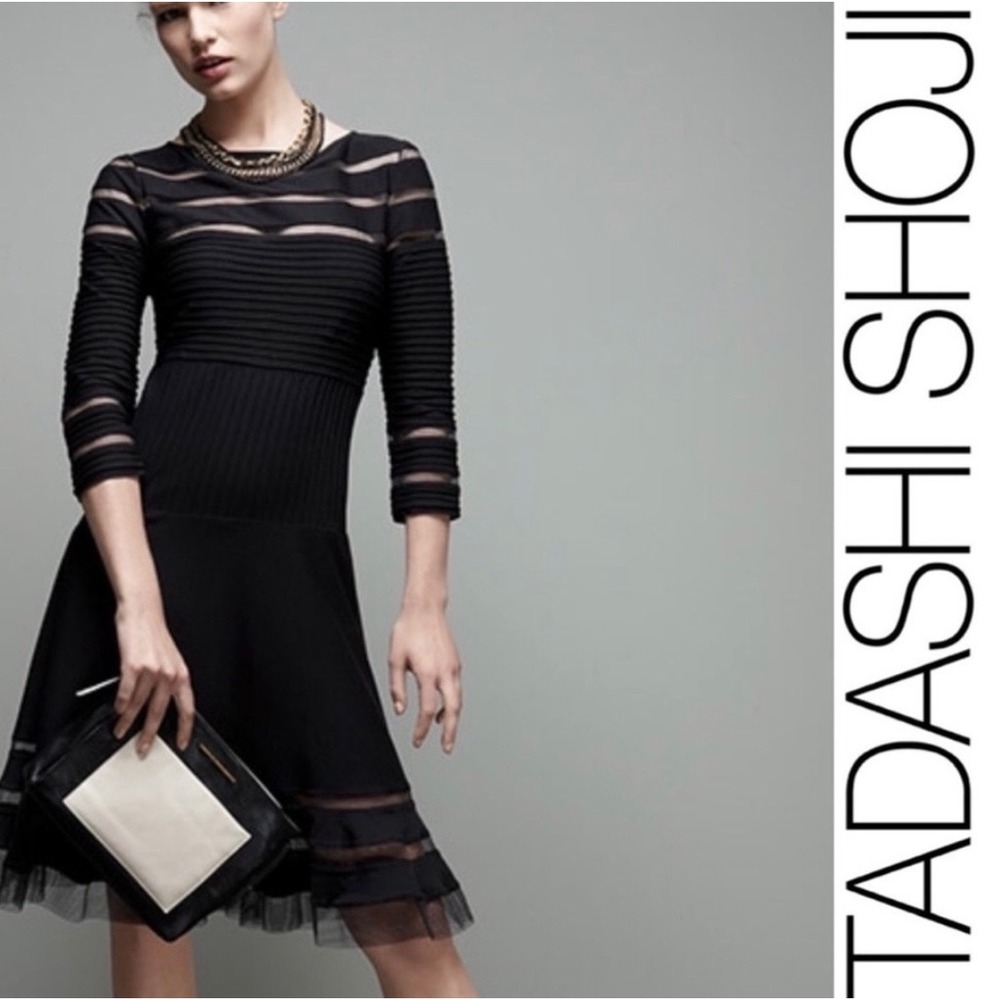 Tadashi Shoji Mini Dress Mesh Illusion Striped Fit&Flare Luxury Designer Chic